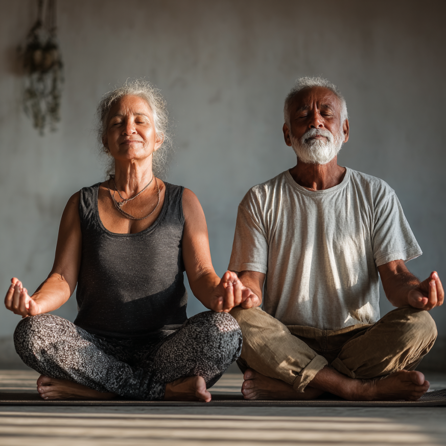 Adultos mayores practicando yoga en ambiente tranquilo