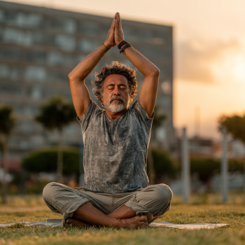 Instructores guiando clase de yoga para adultos mayores